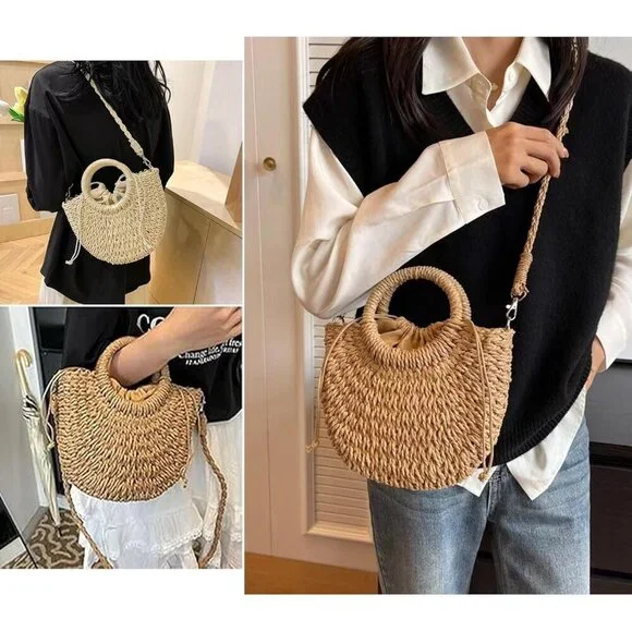 Womens Straw Beach Bag Woven Crossbody Tote Handbag Summer Purse - Picture 6 of 9